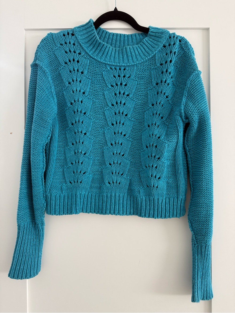 Free People Turquoise Open-Stitch Turtleneck Sweater